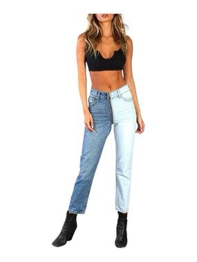 Revice Yin Yang cropped two tone denim straight leg jeans with zipper accent